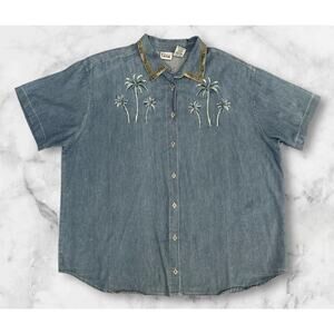 Capacity Denim Top Womens Button Down Palm Tree Embroidered Short Sleeve